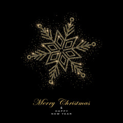 Greeting card with christmas  snowflake made from gold glitter on dark background.New year them. Vector illustration