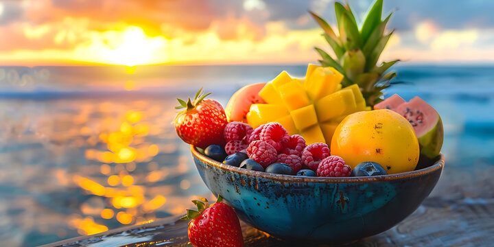 Tropical fruit bowl at sunset beach paradise