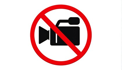 Black video camera silhouette inside red circle with diagonal slash, symbolizing prohibition of video recording.
