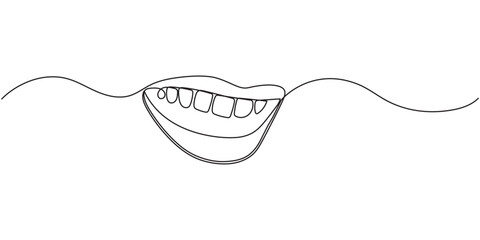 minimalist continuous one line drawing illustration of a realistic mouth smiling, Lips outline icon continuous one line drawing minimalist style isolated illustration
