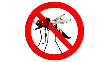 Cartoon mosquito with exaggerated features inside red circle and diagonal slash, symbolizing prohibition of mosquitoes.
