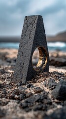 Fototapeta premium Long shot of basalt monolith portal ring on beach coastal landscape