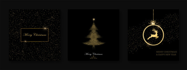 Pack of festive greeting cards with Christmas  ball, dear, christmas tree on black background. Holiday pattern. Vector illustratio