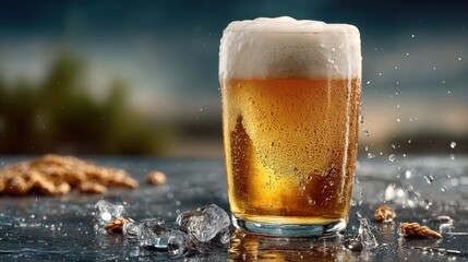 A full pint of frothy, golden ale with ice and water splashes, sitting on a glossy surface