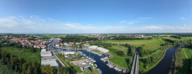 Seebad Ueckermünde, 180°-Panorama, Brücke der Pfarrwiesenallee und Werftengelände 2025