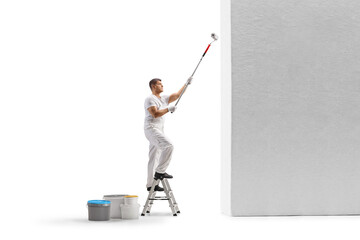 Painter on a ladder painting a wall with a roller