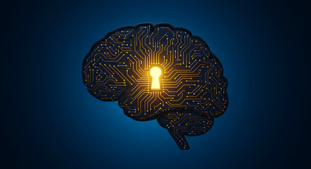 Black brain with glowing yellow circuit board and keyhole