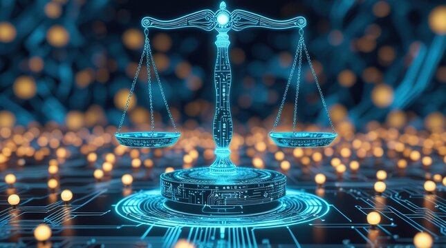 The golden scales of justice on a blue background represent the balance of law and finance as a legal concept