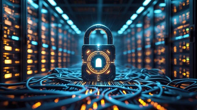 Stock illustration of a shining metal lock and key on a door, a symbol of technology and future business equipment