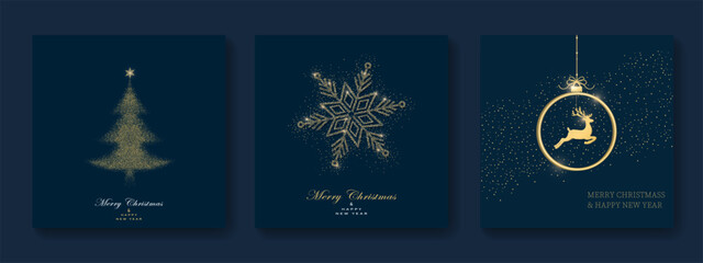 Pack of festive greeting cards with Christmas  ball, dear, christmas tree and snowflake on dark green background. Holiday pattern. Vector illustratio