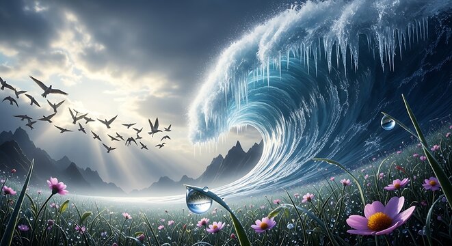 Epic Fantasy Landscape with Giant Wave and Birds.