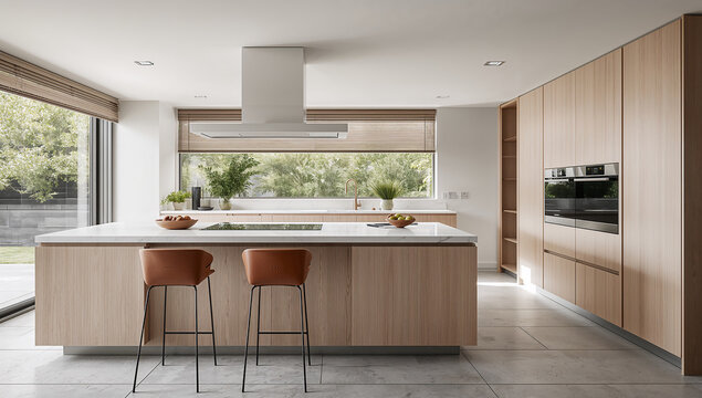 Modern kitchen interior with island, bar stools, and natural light