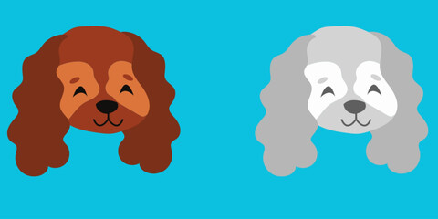 Set of cute Cavalier King Charles Spaniel dog head vector illustrations in flat cartoon style.
