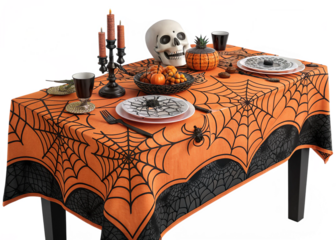 Halloween table setup — orange & black theme, spider webs, skull centerpiece
