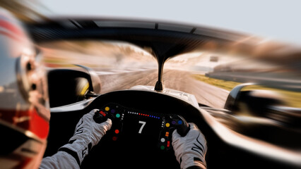 Point of view of a formula 1 race car driver at high speed on track.