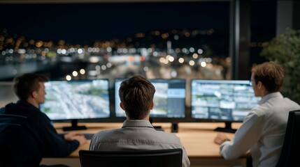 Wide-angle view of smart factory control hub with multiple engineers interpreting digital twin simulations for workflow optimization, emotion of teamwork and technological confidence visible,