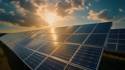 A vast array of solar panels captures the warm glow of the setting sun. - Powered by Adobe