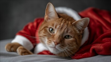 Cat dressed in a tiny Santa suit identical to its owner&rsquo;s Santa costume, emotion of amusement and charm visible, representing playful holiday outfits, pet-owner matching fashion, and Christmas