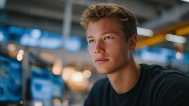 Technician monitoring data from robotic exoskeleton tests in a modern research facility, emotion of concentration and curiosity visible, representing industrial ergonomics, smart labor assistance,