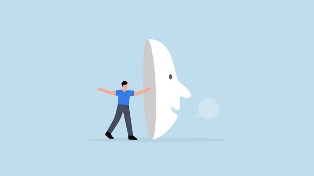 Dishonesty, deceitful entrepreneur concealing face behind mask feigning dishonesty