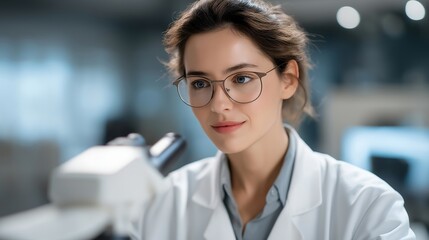 Laboratory technician monitoring nanomaterial fabrication through holographic data interface, emotion of fascination and control visible, representing smart manufacturing, quantum-scale design, and