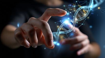 Close-up of fingers interacting with hologram while defocused body and clear DNA visualization appear, with copy space