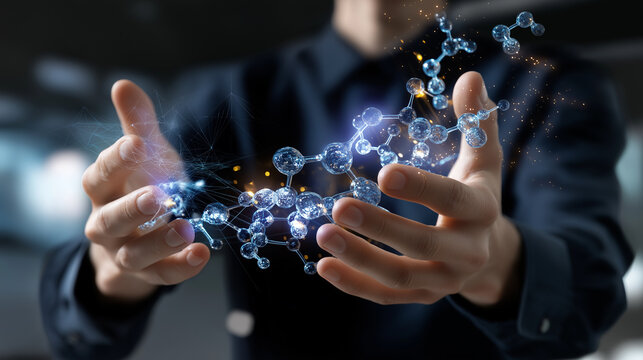 Anonymous hands operating controls with defocused body and clear glowing molecular structure projection visible, with copy space
