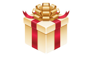 Cream Gift Box with Gold Bow and Red Ribbon present package isolate on transparent background