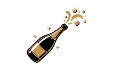 Gold Champagne Bottle Illustration with Bubbles and Stars Keywords: isolate on transparent background