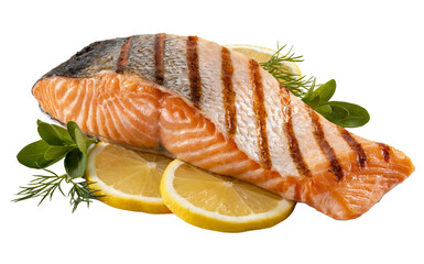 Grilled salmon fillet with lemon slices and herbs on black Keywords: isolate on transparent background