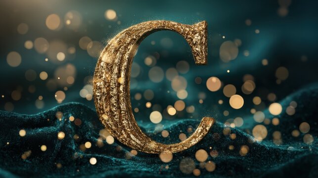 luxury gold christmas letters floating above elegant dark green velvet with sparkling bokeh lights