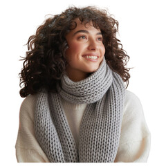 Smiling woman in cozy gray chunky knit scarf and warm white sweater