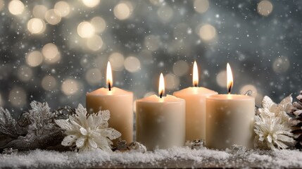 advent season four candles burning advent background with white christmas decorations no logos no brands ar 169