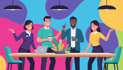 Diverse business team meeting and brainstorming in a vibrant colorful office space Collaboration concept