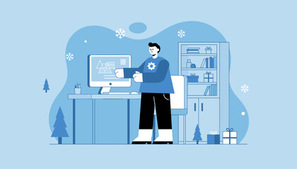 Professional working remotely at a winterized desk focused on design or data analysis Flat illustration