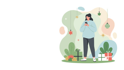 Festive woman uses phone for holiday shopping near gifts Vector graphic