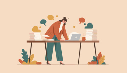 Overworked businesswoman stressed by heavy autumn workload massive paperwork and deadlines