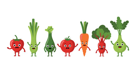 A vibrant collection of happy and adorable cartoon vegetable characters, including tomatoes, carrots, and various greens, promoting healthy eating habits.