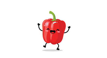 A cheerful and cute cartoon red bell pepper character with a happy face, tiny arms, and legs, jumping joyfully against a clean white background.