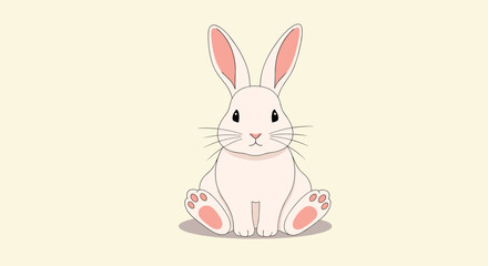 Obraz premium An adorable and charming white rabbit with delicate pink ears and paws sits facing forward on a soft, light background, presented in a clean, simple cartoon illustration style.