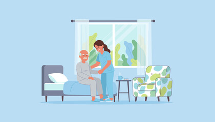 Caregiver assisting elderly man sitting on hospital bed Home healthcare support and nursing