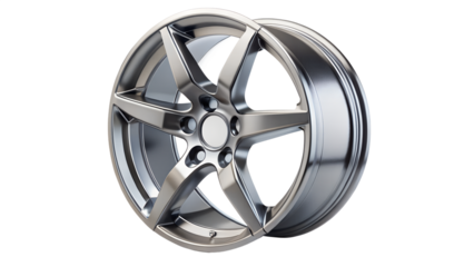 Closeup of a shiny silver car rim with five spokes isolated on transparent background