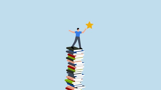 study help reach goal and success, clever entrepreneur ascends pile of books to achieve objective