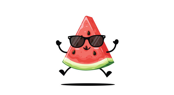 A vibrant and happy watermelon character with dark sunglasses, joyfully leaping in the air, perfect for evoking a sense of tropical delight and healthy eating.