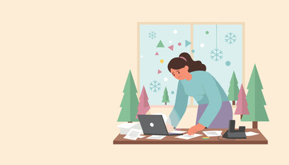 Stressed woman working overtime at her desk during the winter holidays Deadline pressure