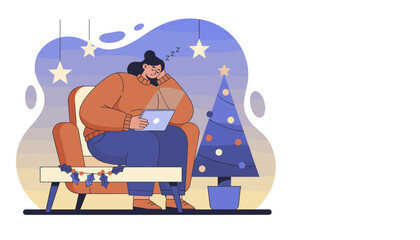 Woman sleeps working remotely on laptop near Christmas tree Stress and holiday burnout concept