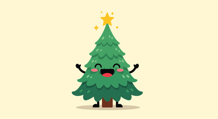Naklejka premium A cheerful cartoon Christmas tree character with a happy face, rosy cheeks, and sparkling star topper, perfect for holiday greetings and festive designs.