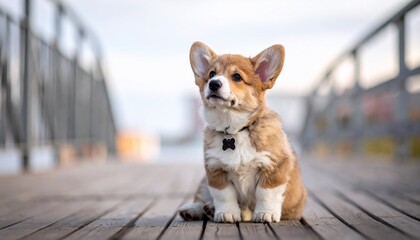 Charming Corgi Puppy Posing on Wooden Bridge Amidst a Softly Blurred Backdrop