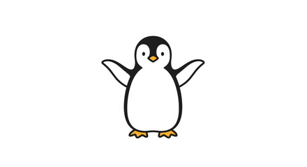 Fototapeta premium A charming, simple cartoon illustration of a friendly little penguin, featuring black and white feathers, an orange beak, and webbed feet, standing cheerfully on a clean white background.