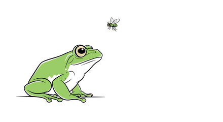 Obraz premium A vibrant green frog with large, watchful eyes is poised, fixated on a small, dark fly hovering just above its field of vision, anticipating a meal.